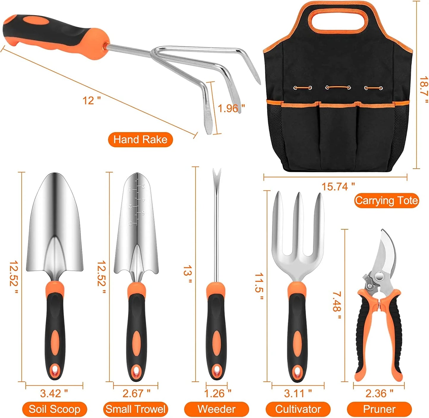 Garden Tools Set,  9 Pcs Stainless Steel Garden Accessories with Tool Bag for Men Women, Black/Orange