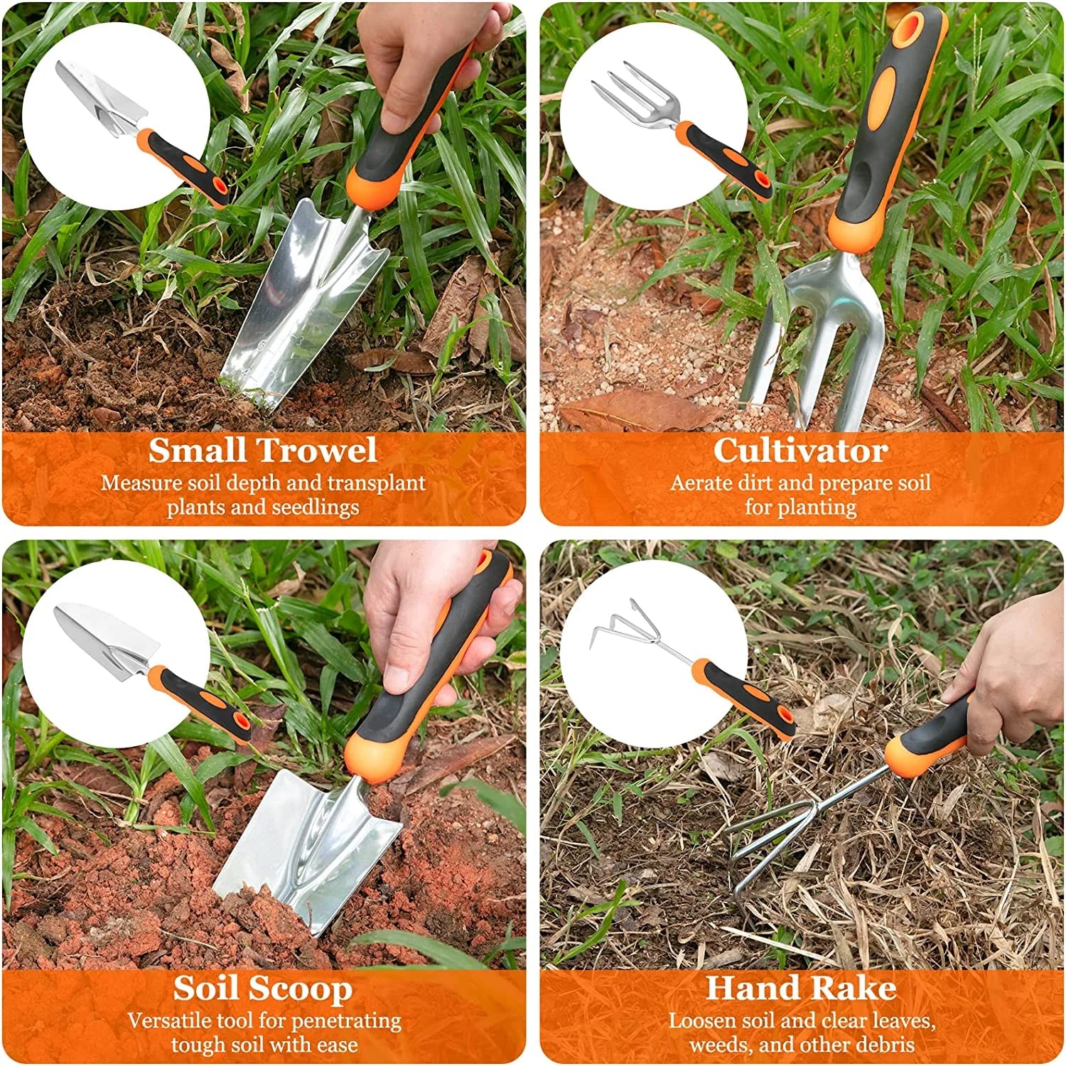 Garden Tools Set,  9 Pcs Stainless Steel Garden Accessories with Tool Bag for Men Women, Black/Orange