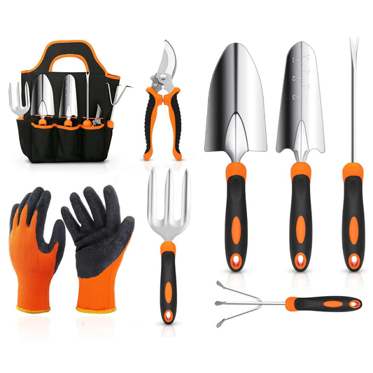 Garden Tools Set,  9 Pcs Stainless Steel Garden Accessories with Tool Bag for Men Women, Black/Orange